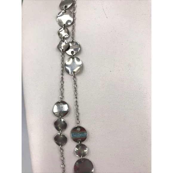 Hammered Disc stations Chain Long Necklace 60" Silver Tone - Picture 3 of 6